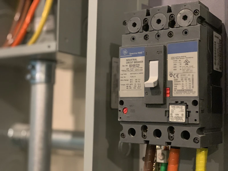 Disjoncteur de puissance installé dans une armoire électrique industrielle.