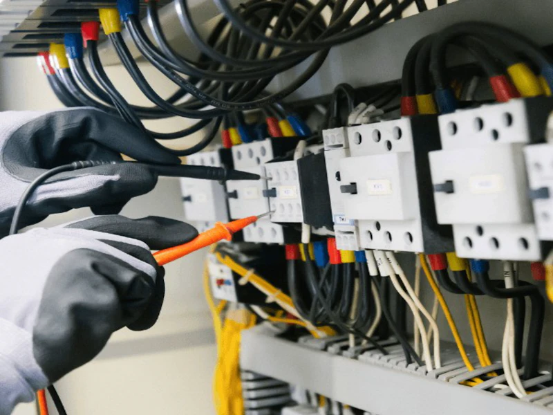 Mains gantées réalisant une mesure au testeur sur les contacteurs d'une armoire électrique.