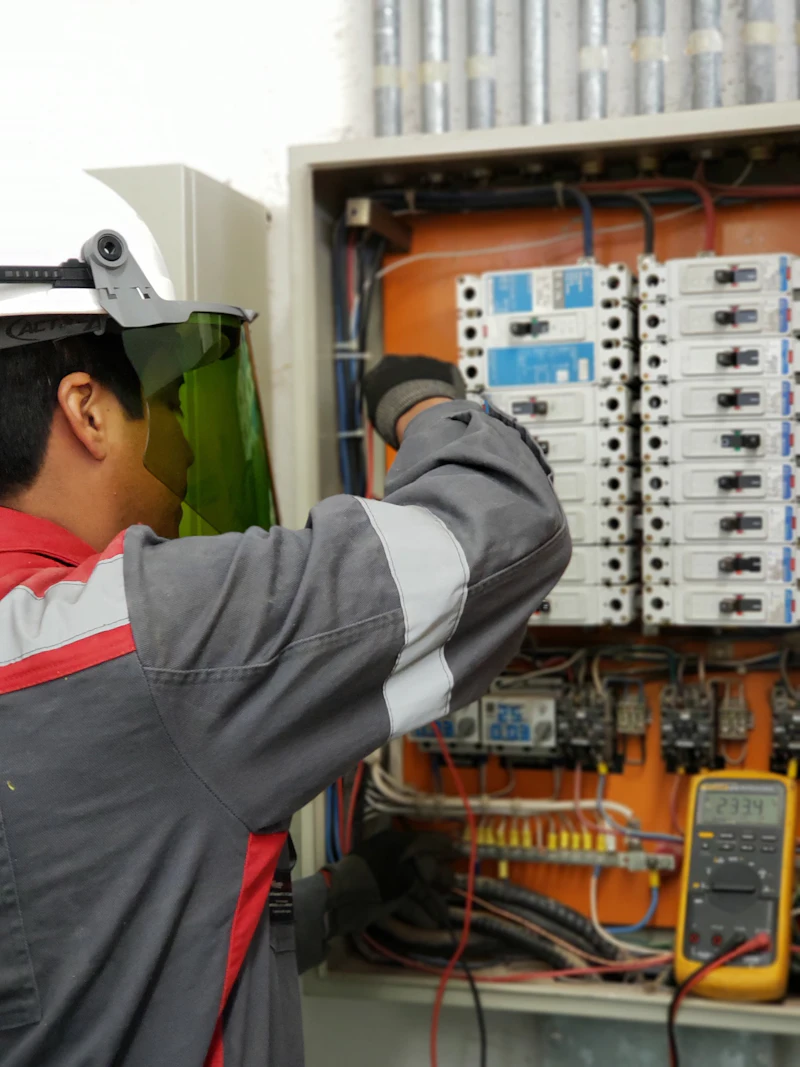 Électricien équipé d'un casque à visière intervenant sur une armoire, multimètre branché.