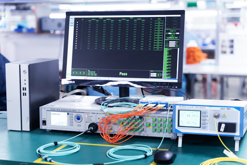 Banc de mesure optique affichant des résultats conformes, raccordé à des cordons de fibre.